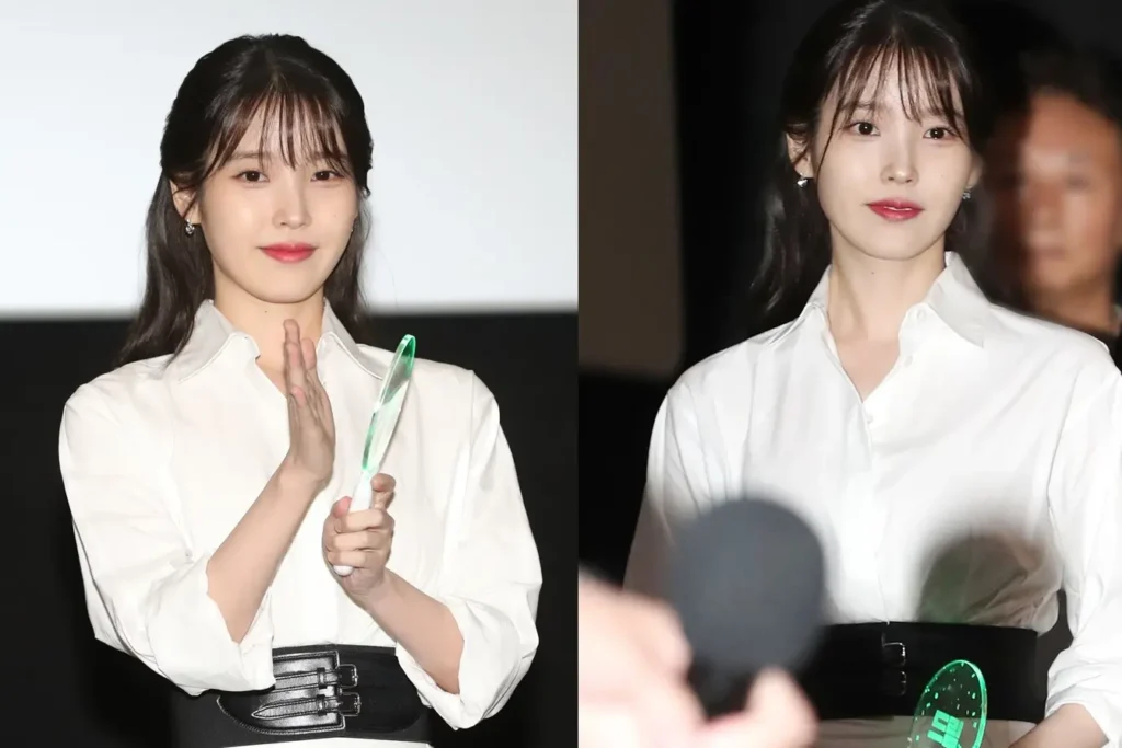 Aktris-dan-Penyanyi-IU-dengan-gaun-putih-yang-cantik-senyum